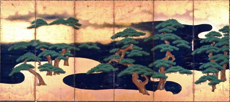 紙本金地著色浜松図の画像１