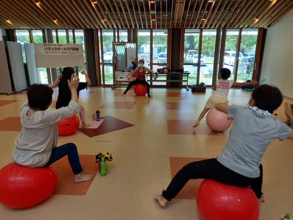 ダンスをしながらバランスボールで運動をしている様子です