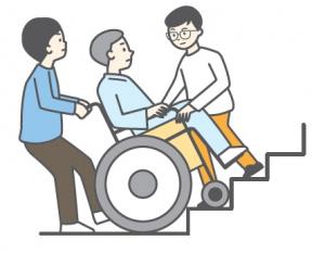 車いすに乗る人の階段の乗降を助けるイラスト