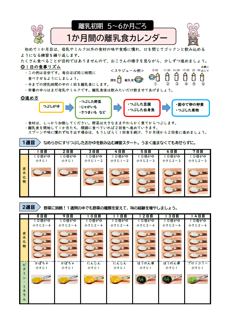 1か月間の離乳食カレンダー 